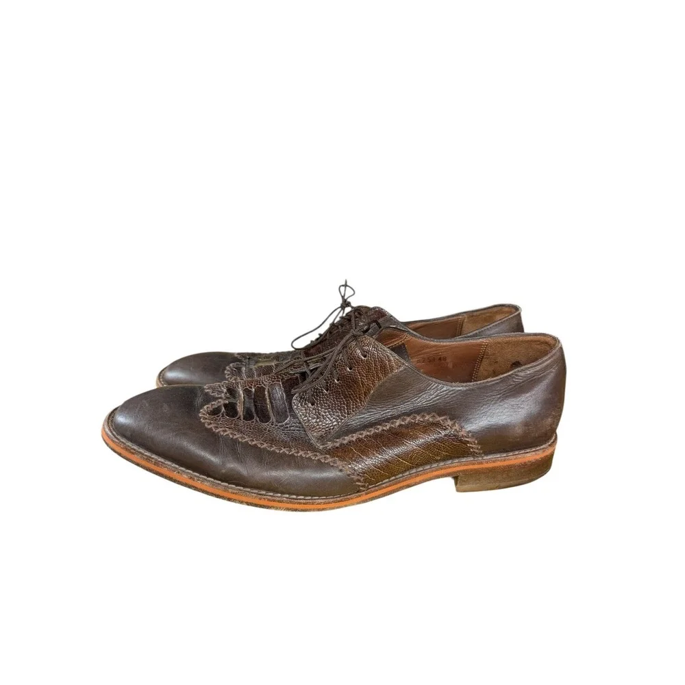 Belvedere Borgo Ostrich & Calfskin Wingtip Shoes Brown Size 11 D‎